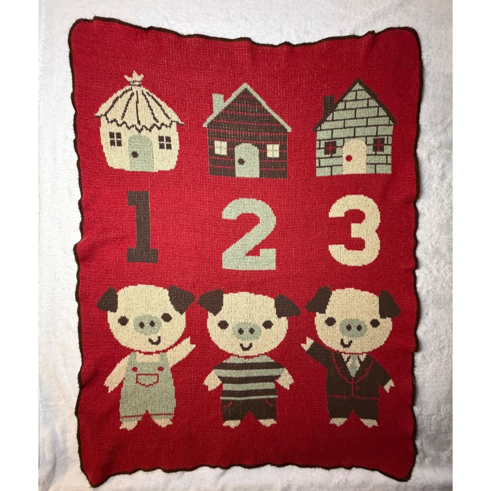 Green 3 Three Little Pigs Knit Throw Blanket Red Recycled Cotton Made in USA